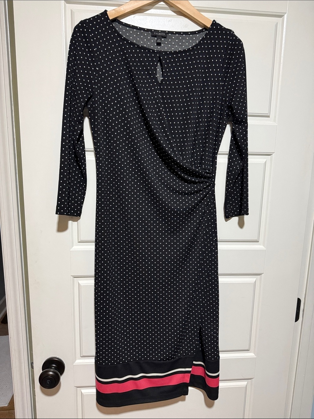 Talbots Black Polka Dot Midi Dress with Pink and Cream Hem Stripes